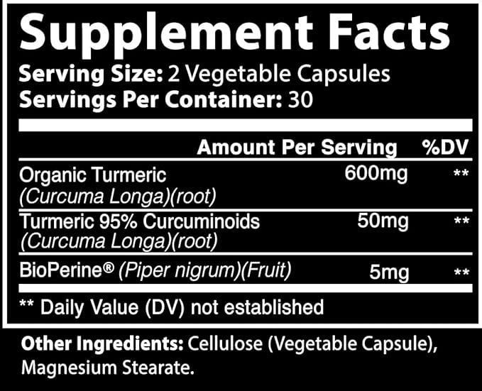 Turmeric Curcumin, with BioPerine, 650mg, Capsules - 95% Curcuminoids, Black Pepper Fruit Extract, Maximum Absorption - High Potency Turmeric Supplement - (60 Count Bottle)