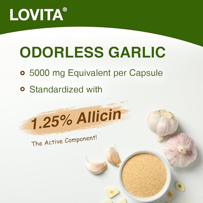Lovita Odorless Garlic Extract, 50mg 100:1 Concentrate, High Potency, 1.25% Allicin, Gluten-Free, Supports Immune & Cardiovascular Health, 60 Vegan Capsules (Pack of 5)