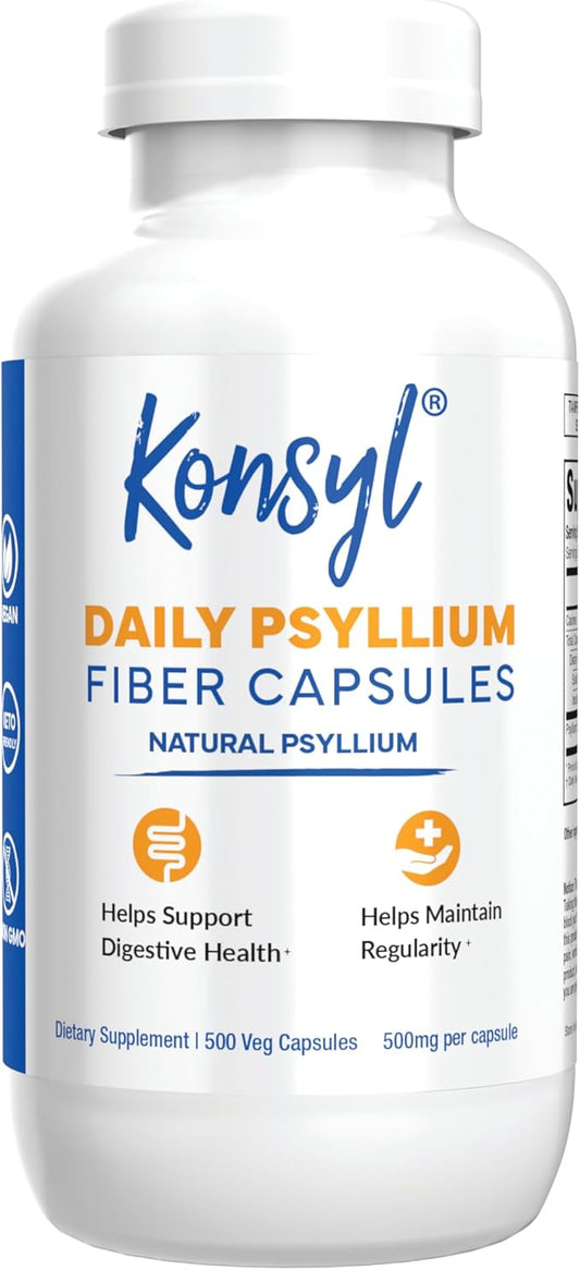 Konsyl Daily Psyllium Fiber Capsules - Contains 1500mg of All-Natural Psyllium Husk Powder per Serving - Supports Digestive Health and Weight Management Goals+ (500 Count (Pack of 1), Psyllium Husk)