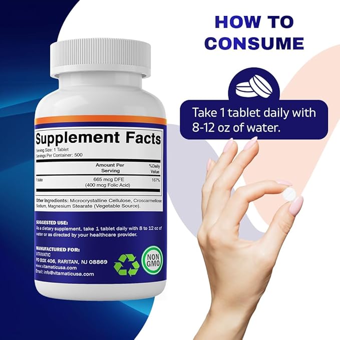 Vitamatic Folic Acid 400 mcg - 500 Vegetarian Tablets - Vitamin B9