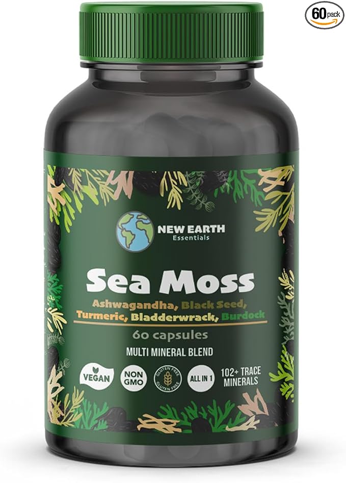 Sea Moss with Black Seed Oil, Ashwagandha, Turmeric, Bladderwrack, Burdock Root, Manuka Honey, Vitamin C & D3, Apple Cider Vinegar, Dandelion Root, Yellow Dock Root, Elderberry Fruit, Chlorophyll