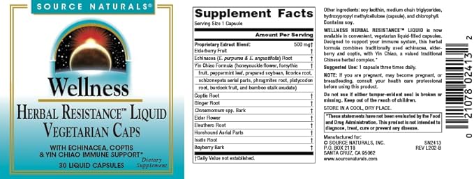 Source Naturals Wellness Herbal Resistance Liquid Immune Defense Supplement & Immunity Booster with Echinacea, Elderberry & Yin Chiao* - 30 Vegetarian Capsules