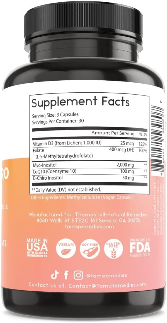 Thomas' all-natural Remedies Myo Inositol Supplement & D-Chiro Inositol Blend Supplement with Folate and Vitamin D3, 40 to 1 Ratio, Non-GMO, No Fillers, CoQ10, 90 Vegan Capsules