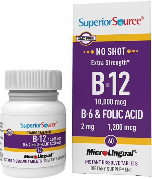 Superior Source No Shot Vitamin B-12 Cyanocobalamin 10000 mcg, B-6, Folic Acid 1200 mcg - Support Brain & Heart Health - Aids Natural Energy Levels - 60 Sublingual Dissolving Tablets