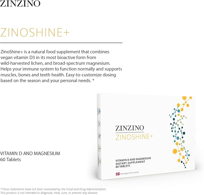 ZinoShine+ - Vitamin D3 & Magnesium Supplement for Immune Support, Energy, Muscle, Bone & Teeth Health - Reduces Fatigue - 60 Tablets