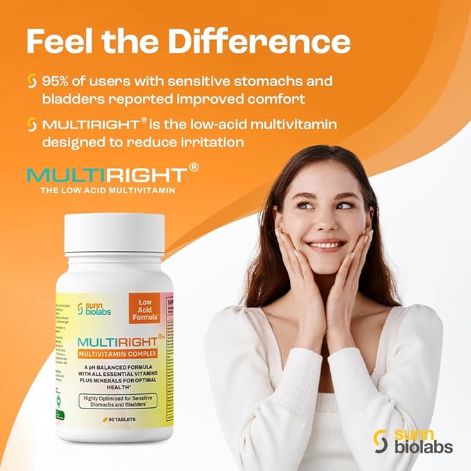 MULTIRIGHT | LOW ACID MULTIVITAMIN for Sensitive Stomachs, Bladders or IC | 14 Vitamins & 14 Minerals | Bladder-Friendly, pH Balanced | Easy on Digestion-Less Acidic | Buffered Vitamin C | 90 Tablets