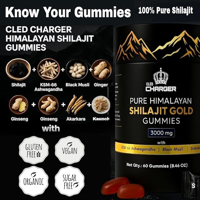 Pure Himalayan Shilajit Gummies Gold with KSM 66 Ashwagandha, Gokshura, Black Musli | Fulvic Acid & 85+ Trace Minerals | Shilajit for Men, Women | 100% Natural and Organic | 60 Gummies