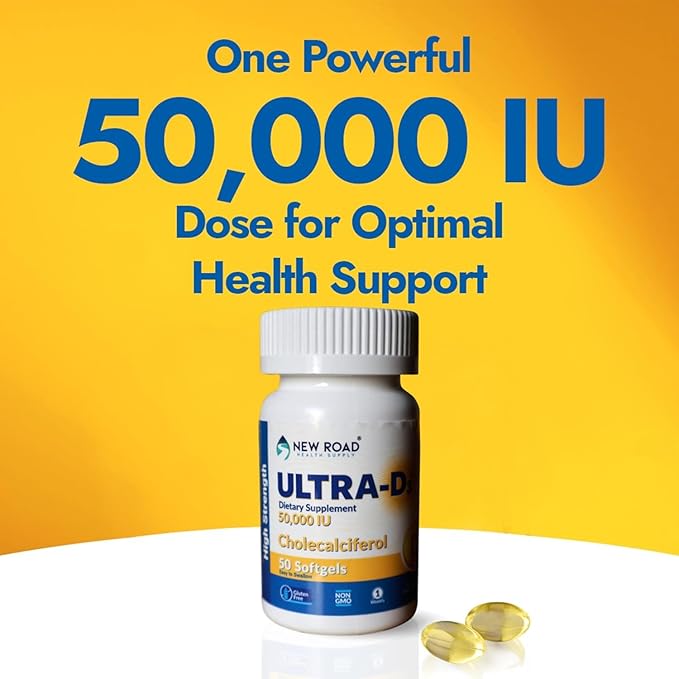 New Road Health Supply - Vitamin D 50000 IU, Once Weekly Dose, Easy to Swallow Vitamin D Softgel for Bones, Teeth, and Immune Support, Gluten Free, 50 Count