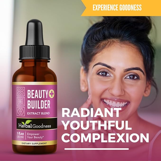 Herbal Goodness Beauty Builder 1oz - Collagen for Women with Biotin & Hyaluronic Acid - Hair Growth, Skin Hydration, Nail Support, Anti-Aging Beauty Booster - Includes Marigold & Guava Leaf