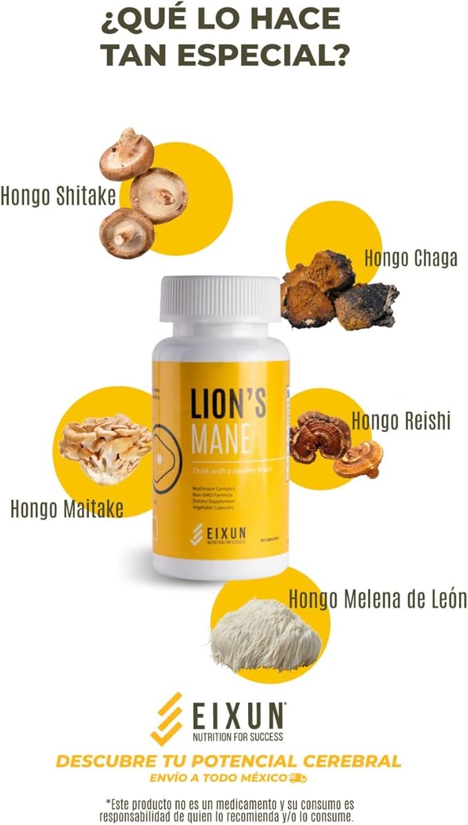 Lion's Mane, Nootropic, Supplement for Brain, Mushroom Complex, Maitake, Shitake, Focus, Natural Energy, Immune System, Concentration, Cardiovascular Health, Reduces Stress, 60 Capsules.
