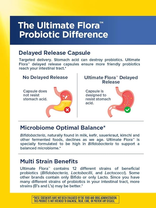 Ultimate Flora Probiotics 30 Billion CFU Delayed Release Vegan Capsules | Extra Care | Digestive Health | Immune Health | Dairy Free | 60 Count