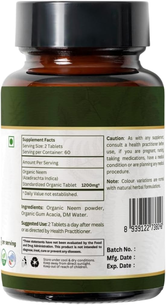 NEEM 120 Tablets | Azadirachta Indica (Neem) | USDA Organic Certified | Healthy Skin and Detox | Organic and Natural 120tab