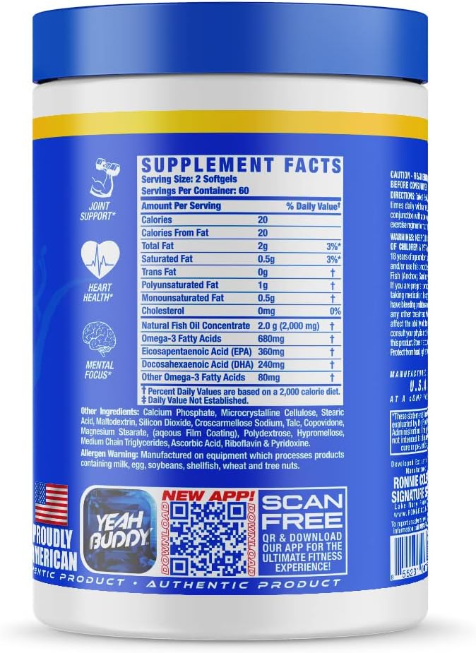 Ronnie Coleman Signature Series Fish Oil Supplement, Supplements, with EPA DHA & Omega-3, Joint, Focus, Heart Health and Brain Support, Omega 3 Fatty Acid Gel Capsules, 120 Softgels