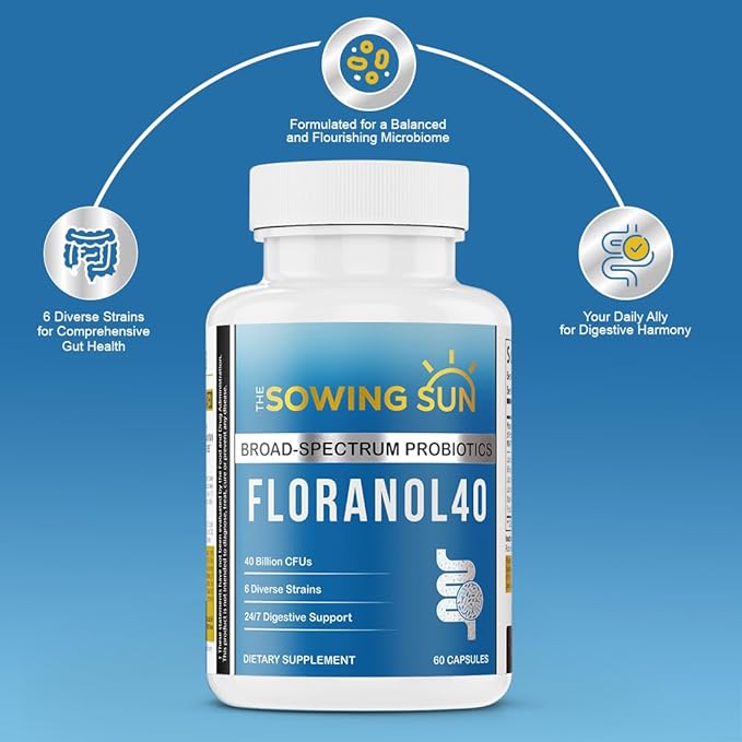 Floranol40 Probiotic Supplement for Gut Support, 6 Diverese Strains for Healthy Gut Flora, with Lactobacillus, Bifidobacterium, Fructooligosaccharide & Marine Polysaccharide Complex 60 Capsules (1)