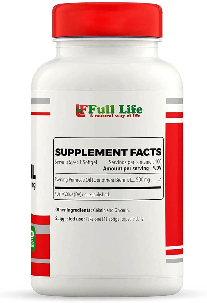 Full Life Evening Primrose Oil - Healthy Immune System - Supporting Vascular System - GLA for Skin - 100 Softgel Capsules Serving 100 Days, 500mg.