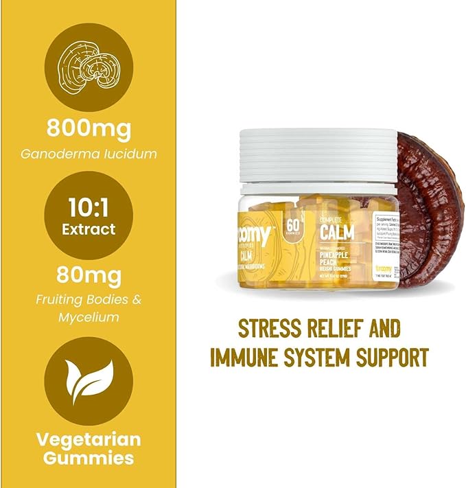 Troomy Reishi Calm Gummies Natural Pineapple Peach Flavor, Gelatin-Free, Gluten-Free, and Vegetarian - 60 Count