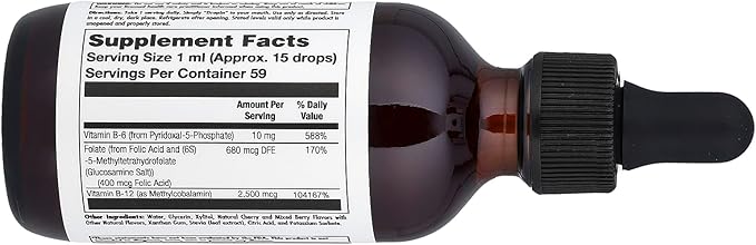 KAL Vitamin B-6 B-12 Folic Acid DropIns, Liquid Vitamin B Supplement Drops, Heart Health, Energy, Red Blood Cell Support with Methyl B12 and Methyl Folate, Natural Mixed Berry Flavor, 59 Servings, 2oz