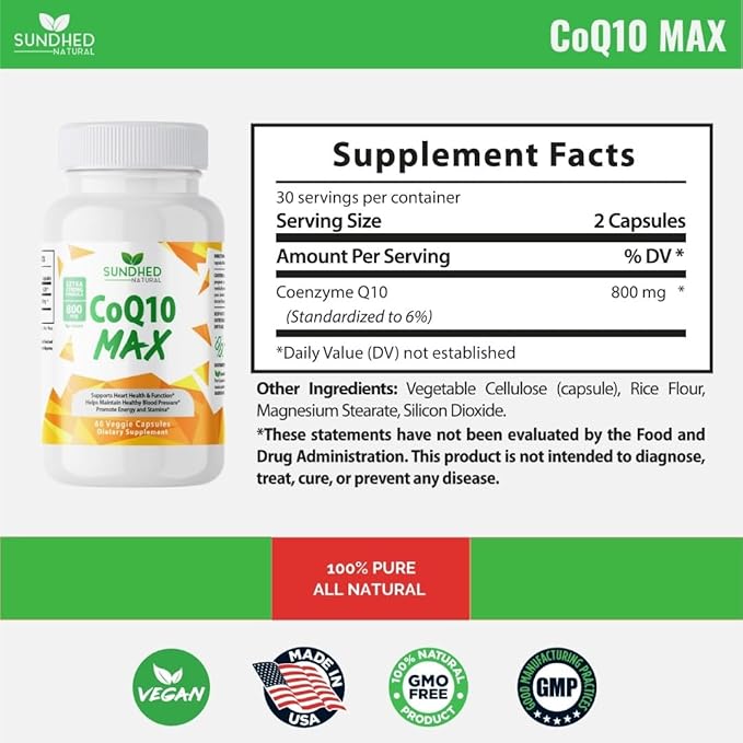 CoQ10 Powerful Antioxidant Supplement - Extra Strong Formula 800mg, 60 Capsules, 1-Month Supply with Coenzyme Q10 Vitamins and Supplements