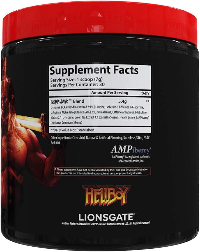 Insane Labz Insane Amino Hellboy Edition, BCAA with Energy Focus Muscle Recovery, Intra Workout Powder, 2 1 1 Branched Chain Amino Acid Powder, 30 Srvgs, Lemonade