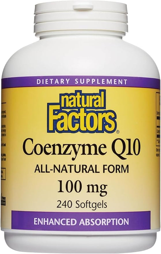 Natural Factors Coenzyme Q10 100 mg, Natural Coenzyme Q10 Supplement for Energy, Heart and Cognitive Support, 240 Softgels