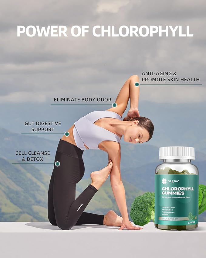 Chlorophyll Gummies for Body Odor Deodorant 2 Pack, Sugar Free Vitamins D Gummy 1000IU, ACV Spirulina Chlorella Herbal Supplement for Women Immune Support Vegan Non-GMO