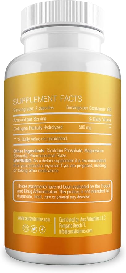 Aura Vitamin Hydrolyzed Collagen with Vitamin C Capsules 500mg Great Energy | Skin, Hair and Nail Support | Hyaluronic Acid Pills - 60ct (2)
