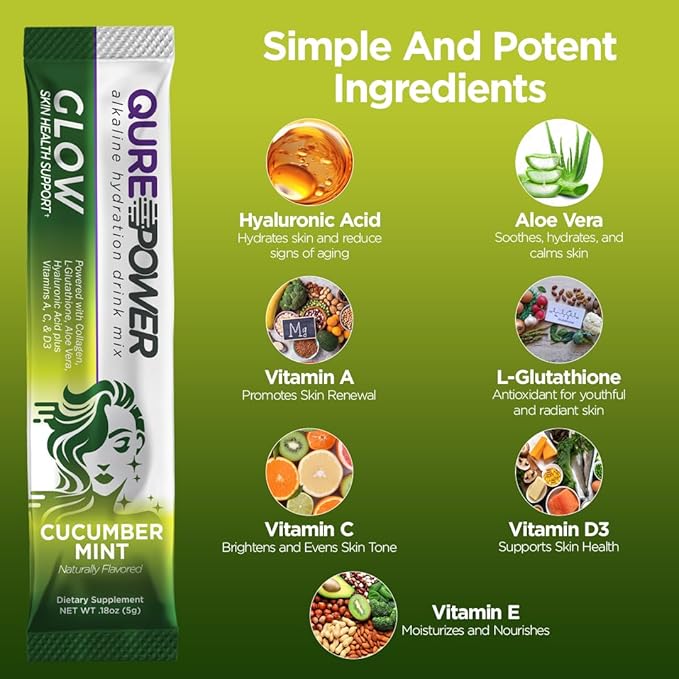 QURE Alkaline Skin Glow for Youthful Radiance and Skin Hydration-Alkaline Antioxidant Blend- Collagen, Vitamin C, Hyaluronic Acid, Aloe Vera