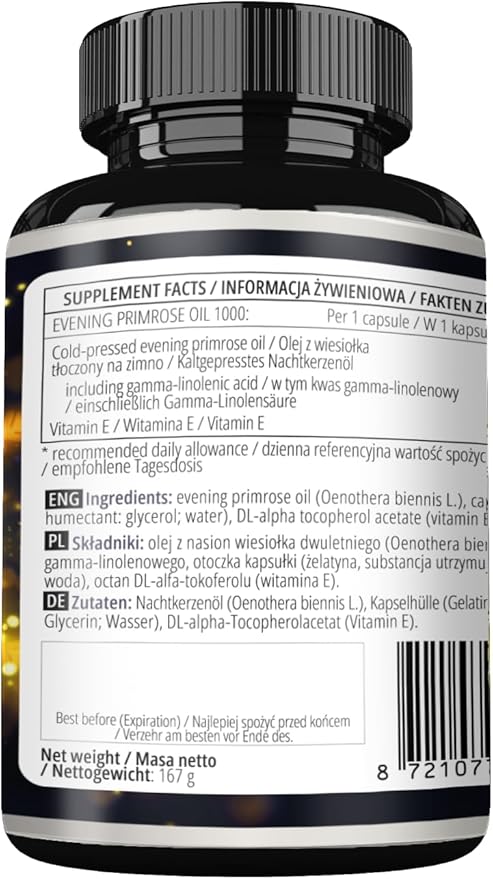 APOLLO'S HEGEMONY Evening Primrose Oil 1000 mg with Vitamin E - Contains 100 mg of GLA Acid - 120 Softgel Capsules - 4 Months Supply - Diet Supplement to Support Hormonal Balance and Skin Health