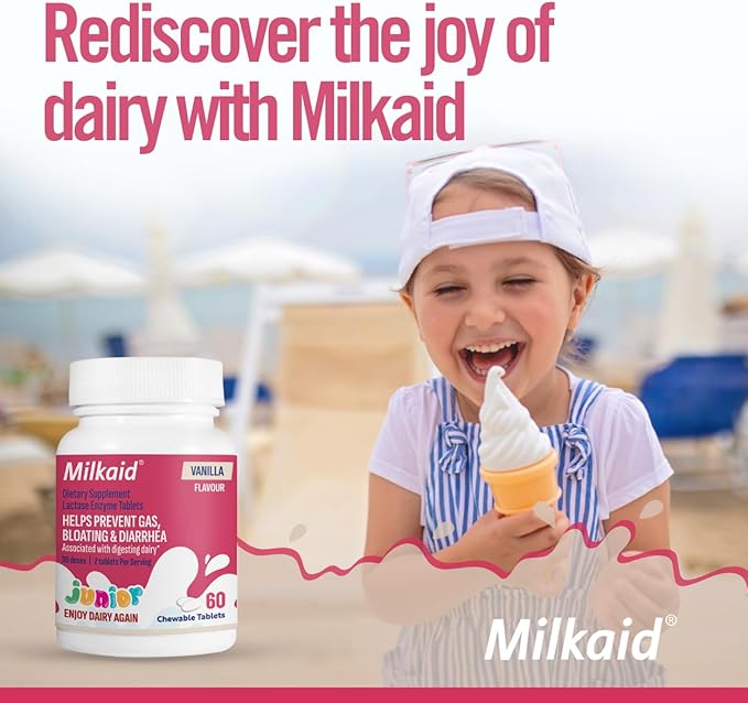Milkaid Junior Lactase Enzyme Chewable Tablets for Lactose Intolerance | Prevents Gas, Bloating, Diarrhea in Children| Fast Acting Dairy Digestive Supplement for Kids| 60 ct (60 Tablets, Vanilla)