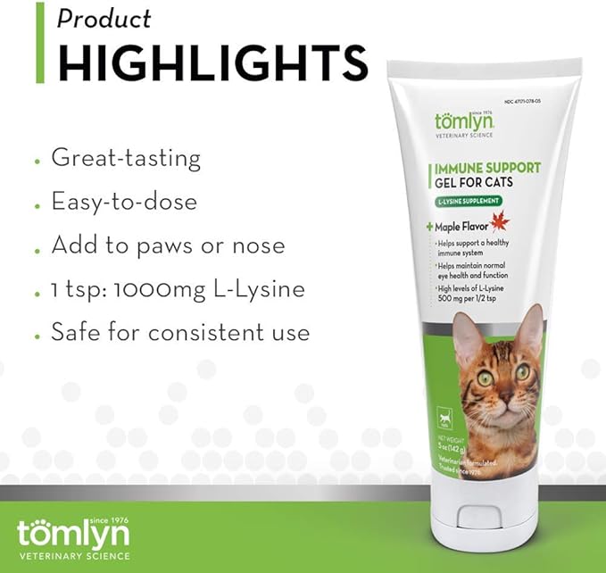 Tomlyn Immune Support Daily L-Lysine Supplement: Maple-Flavored Lysine Gel for Cats and Kittens, 5oz