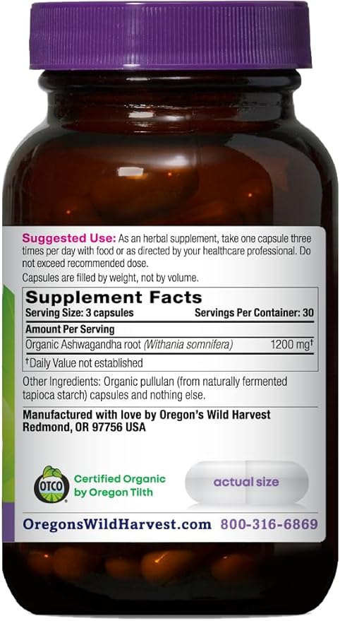 Oregon's Wild Harvest Certified Organic Ashwagandha Herbal Vegan Capsules, 1200 MGS, 90 Count