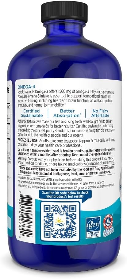Nordic Naturals Omega-3, Lemon Flavor - 16 oz - 1560 mg Omega-3 - Fish Oil - EPA & DHA - Immune Support, Brain & Heart Health, Optimal Wellness - Non-GMO - 96 Servings