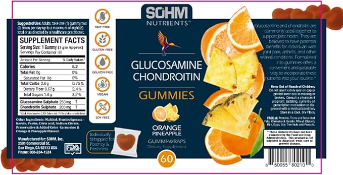 SOHM Glucosamine and Chondrotin Gummies 60 Count Individually Wrapped, Supports Joints Health and Bones Health, Glucosamine Chondroitin Gummies for Mens and Women Vegetarian (Pineapple,Orange)