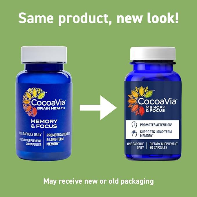 CocoaVia Memory & Focus Brain Supplement, 30 Day, Cocoa Flavanol Blend, Lutein, Added Caffeine for Boost. Improve Cognitive Function, Attention, Vegan & Plant Based, 30 Capsules