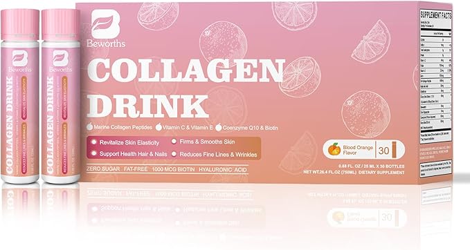 Collagen Peptides Drink, Collagen Peptides Liquid Drink with Coenzyme Q10, Hyaluronic Acid, Biotin & Vitamin C, Vitamin E, Collagen for Women Support Revitalize Skin Elasticity - Apple Flavor