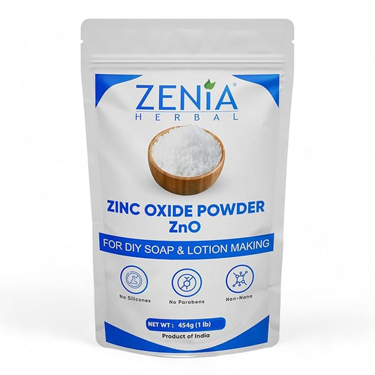 Zenia Zinc Oxide Powder - Uncoated & Non-Nano - 100% Pure - Chapped Lips Remedy - For DIY Sunscreen Lotion, Deodorant & Diaper Rash Cream - 454g (1 lb)