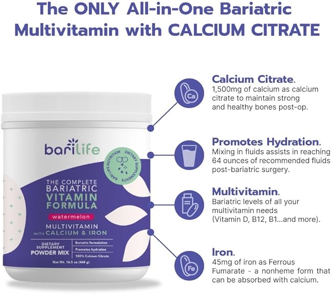 Bari Life Complete Bariatric Multivitamin with Iron - Dietary Supplement Powder Mix, Calcium Citrate, Multivitamin, Iron - Bariatric Vitamins for Gastric Sleeve Patients (Watermelon, 60 Servings)