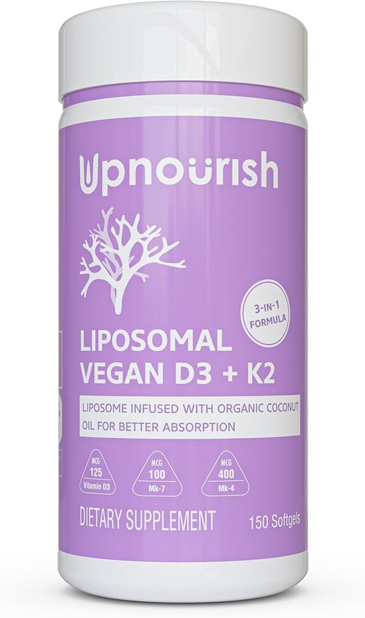 UpNourish Certified Vegan Vitamin D3 5000 IU K2 MK4 MK7 500 mcg Supplement, 150 Softgels, Plant Based Liposomal Vitamin D K with Organic Coconut Oil, Non GMO, Gluten and Gelatin Free