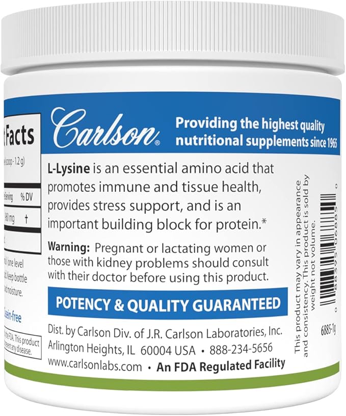 Carlson - L-Lysine Powder, Free-Form Amino Acid, 960 mg, Supports Healthy Tissue & Muscle Development, 3.53 oz (100 g)