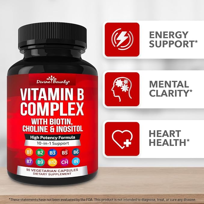 Divine Bounty Super B Complex Vitamins - All B Vitamins Including B12, B1, B2, B3, B5, B6, B7, B9, Folic Acid - Vitamin B Supplement - Support Healthy Energy Metabolism - 90 Vegetarian Capsules
