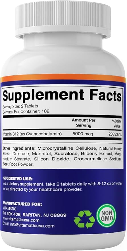 Vitamatic Vitamin B12 5000 mcg – 365 Fast Dissolve Tablets Berry Flavor – Supports Energy Production & Nervous System Health – Non-GMO, Gluten-Free