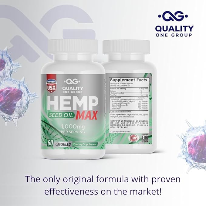 Hemp Seed Oil Capsules 1000mg with Triple Omega 3 6 9 | Organic Supplement with Essential Fatty Acids for Joint Support Relaxing Mood and Skin Health - 60 Liquid Vegan Capsules, Non-GMO, Made in USA.
