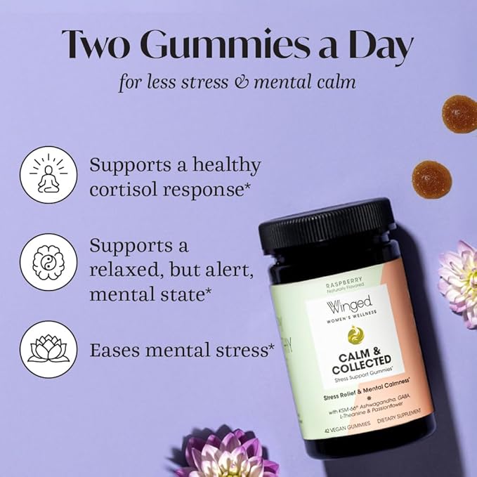 Winged Wellness Calm & Collected, Stress Relief Gummies - Stress Support Supplement with KSM-66 Ashwagandha, L-Theanine, GABA & Passionflower - Vegan & Gluten-Free Gummy - Raspberry, 42 Count