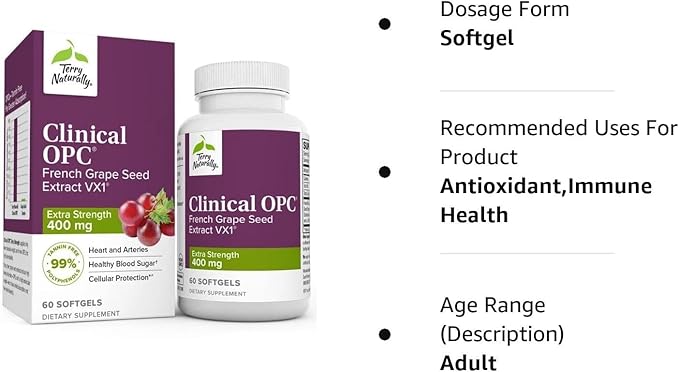 Terry Naturally Clinical OPC Extra Strength - Cardiovascular Health & Focus Support - Supplement with Grape Seed Extract - Immune Support Supplement - 60 Softgels