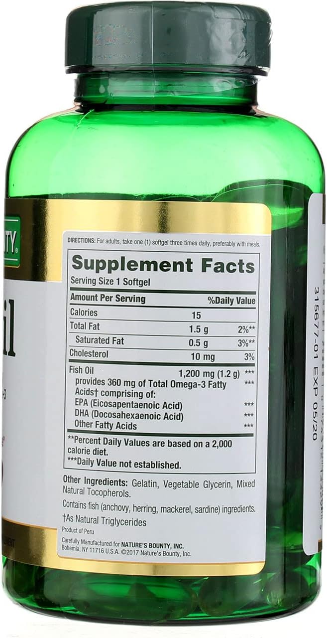Fish Oil by Nature's Bounty, Dietary Supplement, Omega 3, Supports Heart Health, 1200 Mg, 120 Rapid Release Softgels (Pack of 2)