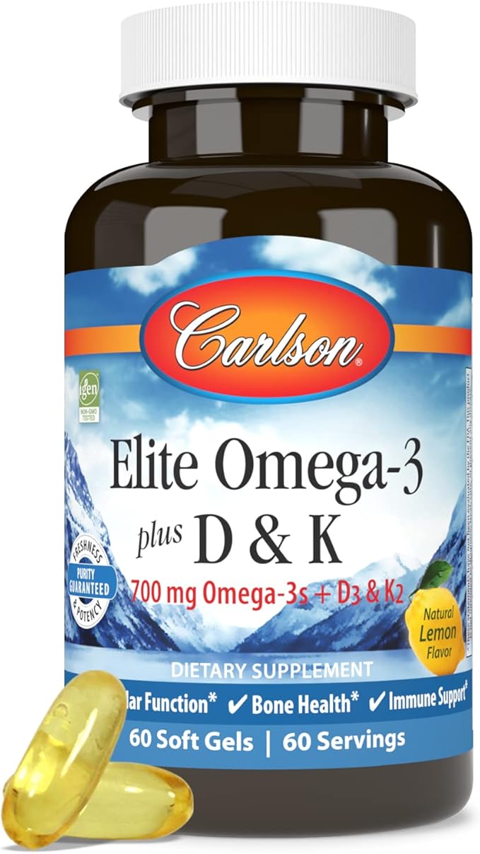 Carlson - Elite Omega-3 Plus D & K, 700 mg Omega-3s + D3 & K2, Function, Bone Health & Immune Support, Lemon, 60 Softgels