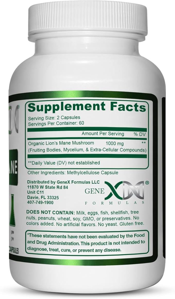 Genex Formulas Lions Mane Supplement with 100% Lions Mane Extract - Nootropics Brain Support Supplement 1000mg/serving - (120 Capsules)