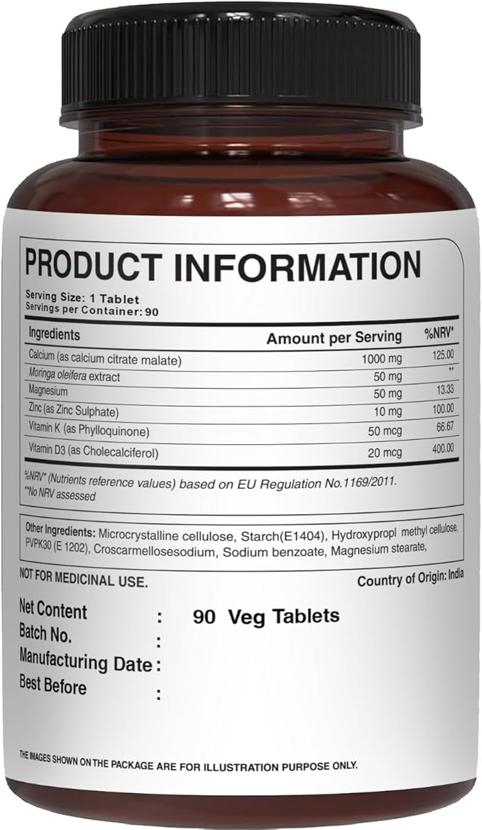 Pure Nutrition Ultra Calcium 1000mg with VIT D3 + K2 | 90 Tab | Highly absorbable Calcium Supplement with Calcium Citrate Malate, VIT D3, K2, Moringa Oleifera, Magnesium and Zinc.