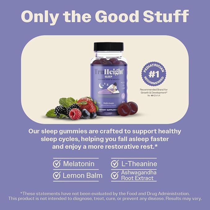 TruHeight Sleep Gummies - Kids & Teen Natural Sleep Aid for Maximum Growth - Pediatric Recommended - Kids Melatonin Gummy - Melatonin, Ashwagandha, L Theanine, Lemon Balm, Ages 4+, Mixed Berry Flavor