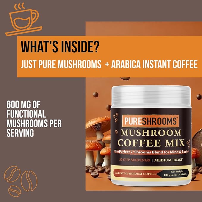 Perfect 7 Mushroom Coffee - Ultra Concentrated Mushroom Extracts with Low Acidity Arabica Coffee -Turkey Tail, Lion's Mane, Cordyceps, Reishi, Shiitake, Maitake, Chaga (100 Grams/3.53oz)